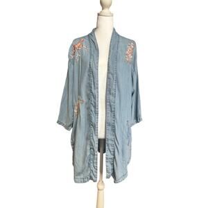 Tribal Jeans blue denim open cardigan or kimono with floral embroiderery